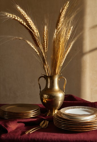 Dried wheat and - brass, vase